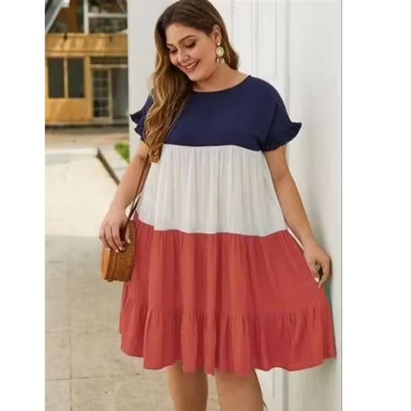 P.S. Kate Dresses & Skirts - P.S.Kate color block ruffled hem dress pink white navy women’s 3X (bin EE)